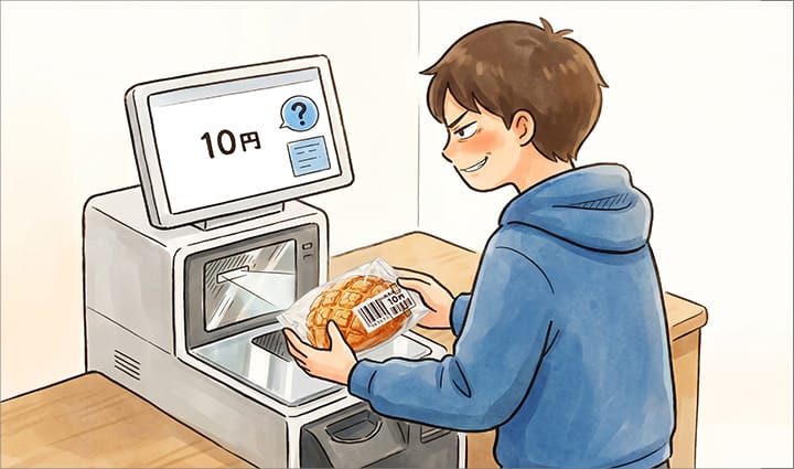 セルフレジでバーコードを貼り替えて商品を取得する人"